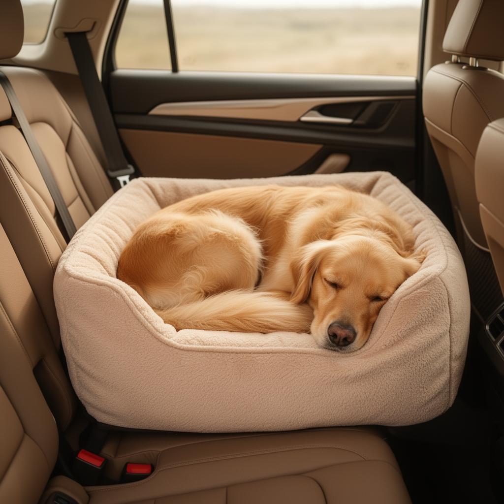 Golden retriever asleep in the CalmRide bed on a car back seat