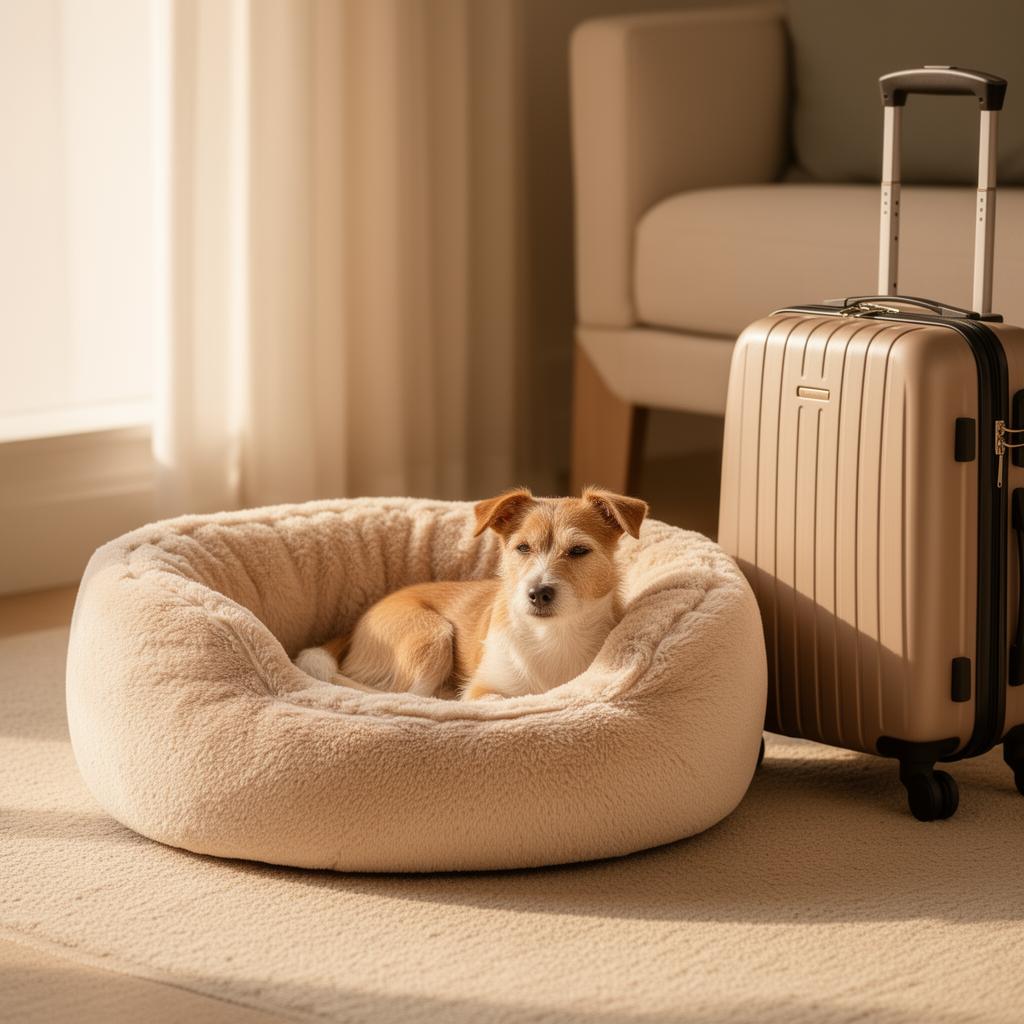 Small dog resting in the bed beside a packed suitcase